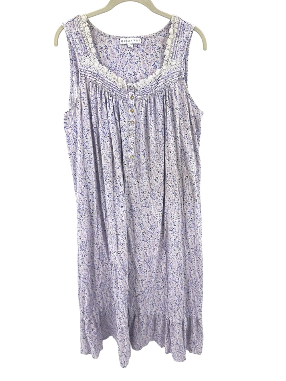 Eileen West Lavender Print Nightgown Size Medium Floral Cottage Cotton Lace Midi